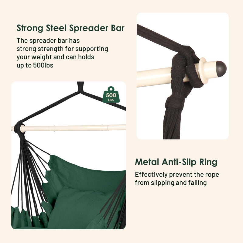 Highwild Hammock Chair Hanging Rope Swing - Max 500 Lbs - 2 Cushions Included - Steel Spreader Bar with Anti-Slip Rings - for Any Indoor or Outdoor Spaces (D- Cushions Included-Green) - Image 4