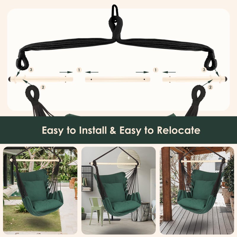 Highwild Hammock Chair Hanging Rope Swing - Max 500 Lbs - 2 Cushions Included - Steel Spreader Bar with Anti-Slip Rings - for Any Indoor or Outdoor Spaces (D- Cushions Included-Green) - Image 5