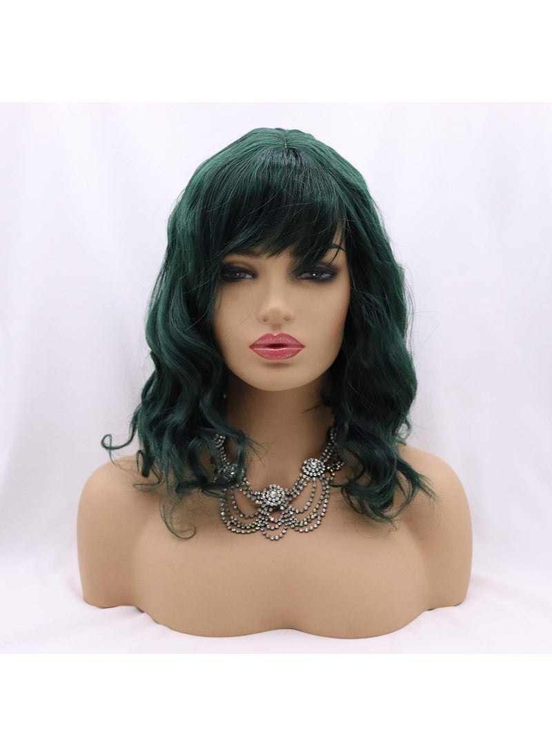 Xiweiya Xiweiya Wigs Short Curly Bob Wig Dark Green Hair with Air Bangs Shoulder Bob Synthetic Wigs None Lace Front Wig Cosplay for Women Girl Colorful Costume Wig14 InchesDark Green 