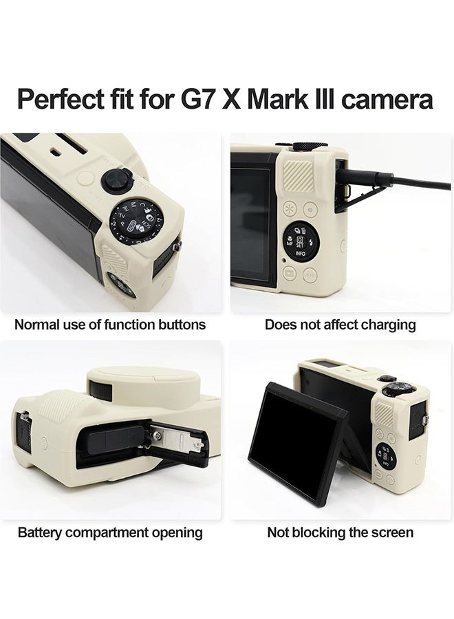 حافظة سيليكون مزودة بواقي شاشة من الزجاج المقوى لكاميرا كانون باورشوت G7X Mark III الرقمية - غطاء واقي ناعم من السيليكون مع غطاء عدسة قابل للإزالة - مقاوم للانزلاق والخدش - لون بيج - Image 3
