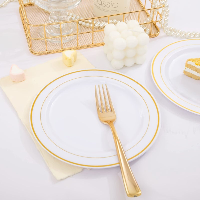 20 Plastic Utensils For Parties Including Elegant Dessert Plates With Golden Edges And Forks Sturdy Cutlery For Birthday Wedding Welcome Gatherings - Image 5
