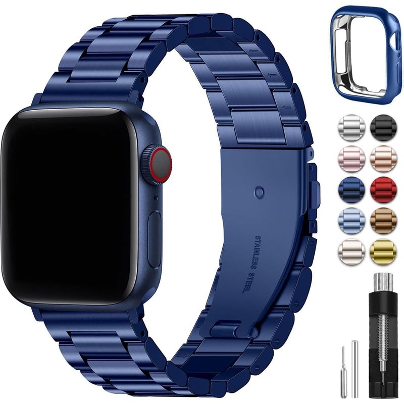 Fullmosa Compatible Apple Watch Bands 45mm 44mm 42mm, Metal iWatch Band with Case for Apple Watch Series 9 8 7 6 5 4 3 2 1 SE SE2, Blue - Image 1