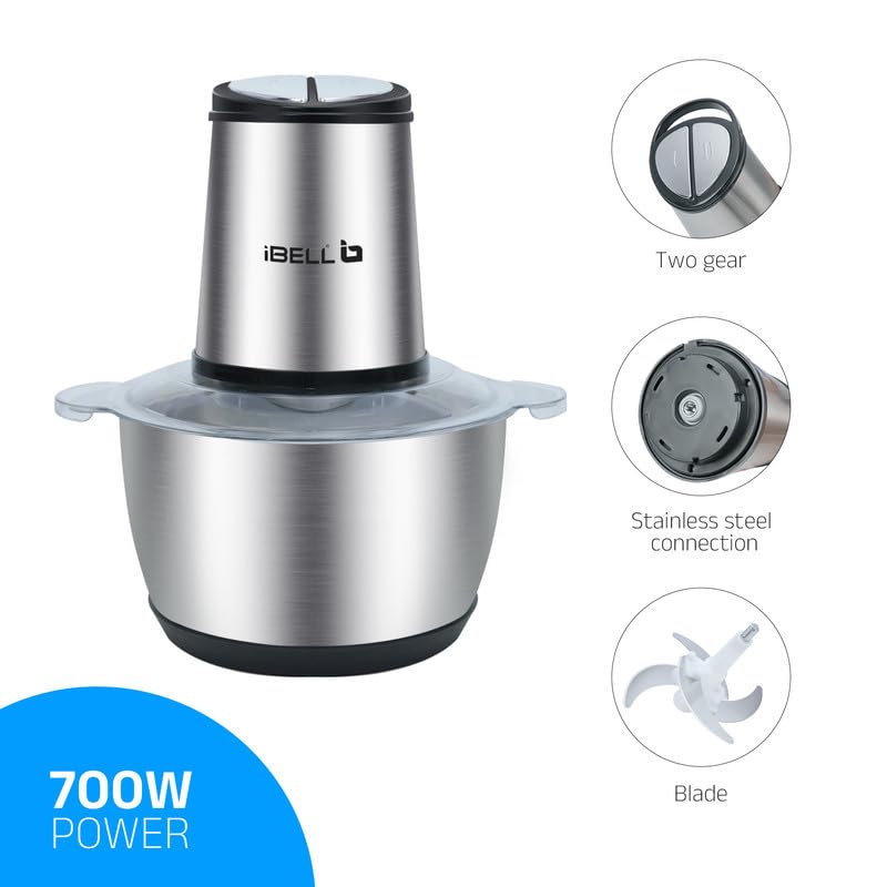 IBELL MT200SM Electric Chopper, 2-Yr Warranty, 2 Litre Stainless Steel Bowl, 700W, Multi Purpose for Cutting Slicing Meat, Vegetables, Nuts & Fruits (Silver) - Image 3