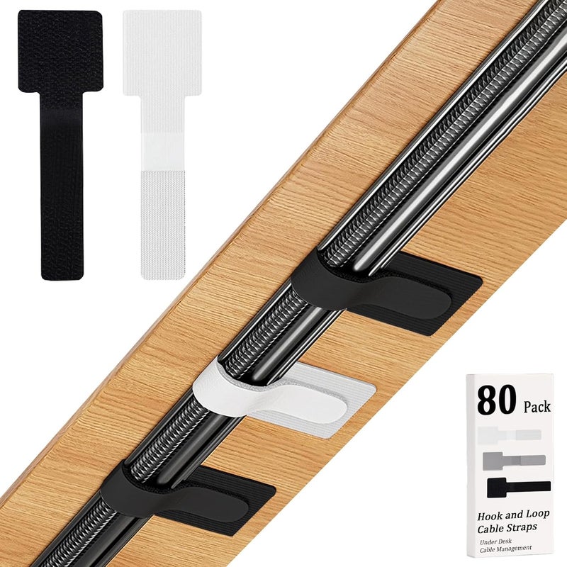 Sereficy 80PCS Hook and Loop Cable Straps, Cable Management Under Desk, Adhesive Cable Tie, Reusable Wire Organizer for Cords, Cord Management, Computer Accessories for Desk, Home Office Essentials,Black+White - Image 1