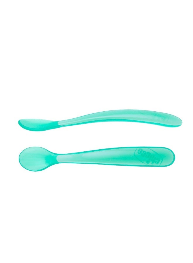 Chicco Baby Self Feeding Spoon with Soft Tip, Suitable For Training Toddlers, Soft & Flexible Silicone, Blue, 6m+ (Pack of 2) - Image 1
