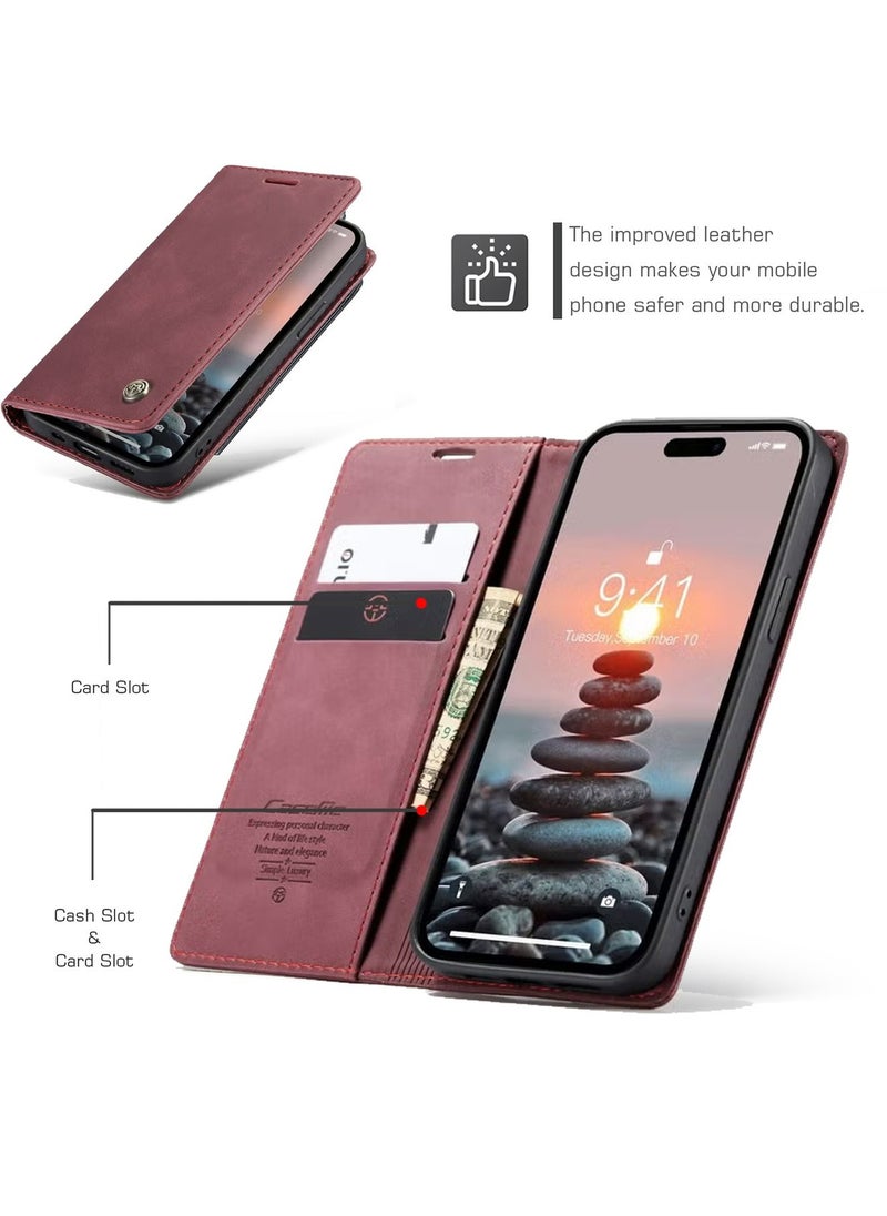 CaseMe iPhone 15 Pro Leather Case Wallet Flip Cover Card Slots Magnetic Closure Stand Phone Holder Function Fold Shockproof Protective Full Protection Anti-drop Anti-scratch Accessory For iphone 15 Pro  - Image 2
