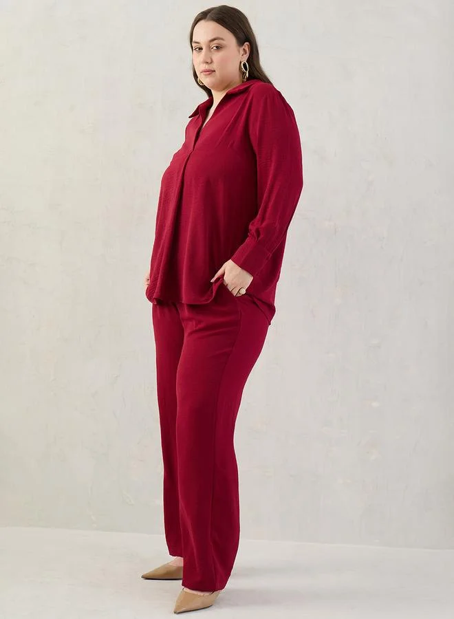 Plus Size Open Collar Shirt and Trousers Co-ords