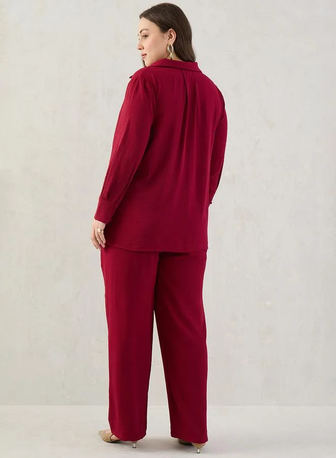 Femmella Plus Size Open Collar Shirt and Trousers Co-ords