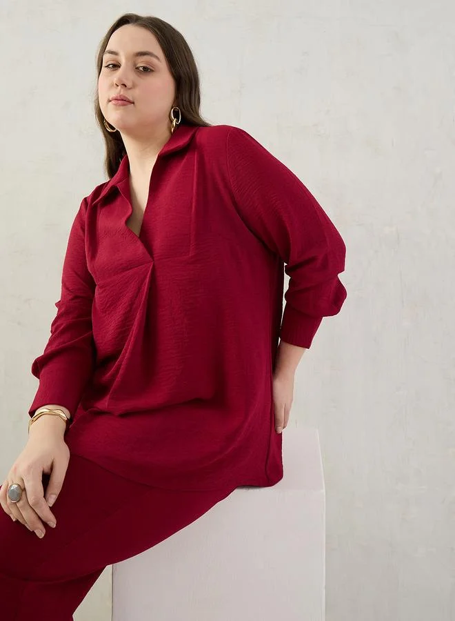Femmella Plus Size Open Collar Shirt and Trousers Co-ords