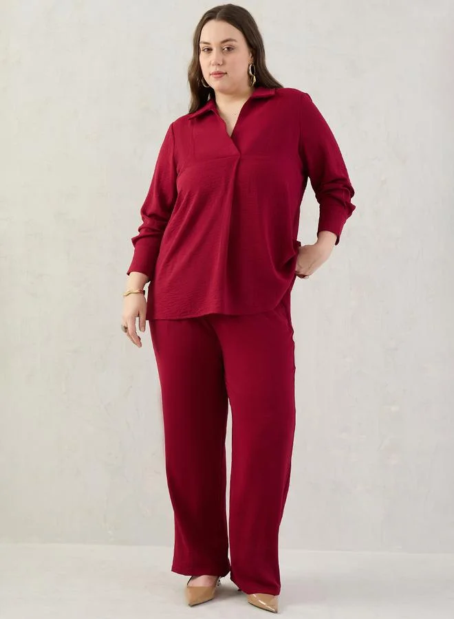Femmella Plus Size Open Collar Shirt and Trousers Co-ords