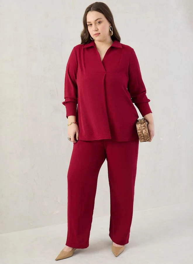 Femmella Plus Size Open Collar Shirt and Trousers Co-ords
