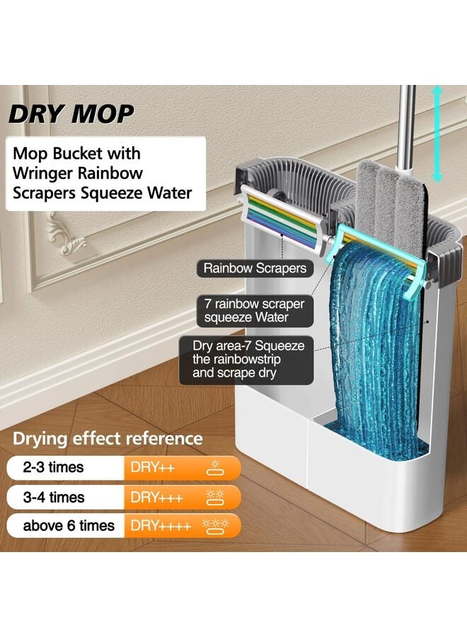 ممسحة ودلو مع مجموعة عصر للمنزل - دلو ممسحة أرضيات مسطحة بدون استخدام اليدين، مناسب لجميع أنواع الأرضيات والنوافذ (طقم ممسحة ودلو من الألياف الدقيقة بطول 33 سم - 4 وسادات) - Image 3