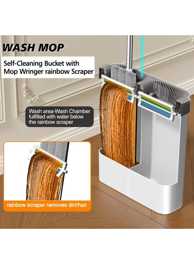 ممسحة ودلو مع مجموعة عصر للمنزل - دلو ممسحة أرضيات مسطحة بدون استخدام اليدين، مناسب لجميع أنواع الأرضيات والنوافذ (طقم ممسحة ودلو من الألياف الدقيقة بطول 33 سم - 4 وسادات) - Image 4