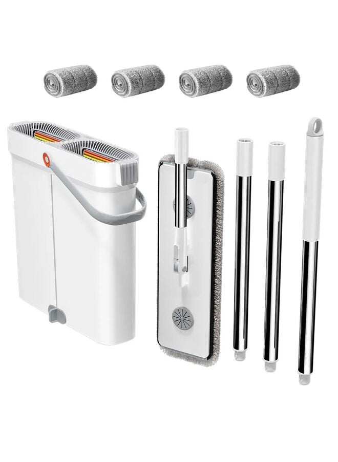 ممسحة ودلو مع مجموعة عصر للمنزل - دلو ممسحة أرضيات مسطحة بدون استخدام اليدين، مناسب لجميع أنواع الأرضيات والنوافذ (طقم ممسحة ودلو من الألياف الدقيقة بطول 33 سم - 4 وسادات) - Image 1