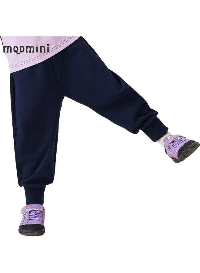 MQDMINI Children'S Clothing, Girls' Sweatpants, Elastic Ankle Knit Pants, Rabbit Graffiti Pants, Dark Blue, Size 110 - Image 2