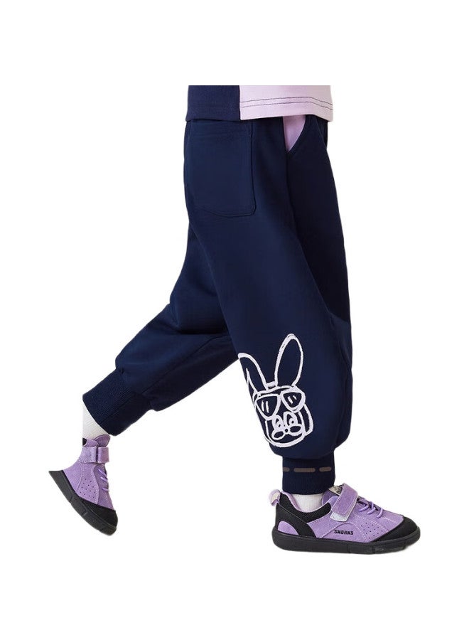 MQDMINI Children'S Clothing, Girls' Sweatpants, Elastic Ankle Knit Pants, Rabbit Graffiti Pants, Dark Blue, Size 110 - Image 1