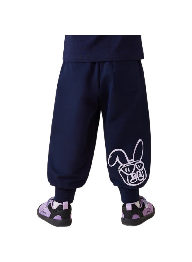 MQDMINI Children'S Clothing, Girls' Sweatpants, Elastic Ankle Knit Pants, Rabbit Graffiti Pants, Dark Blue, Size 110 - Image 3