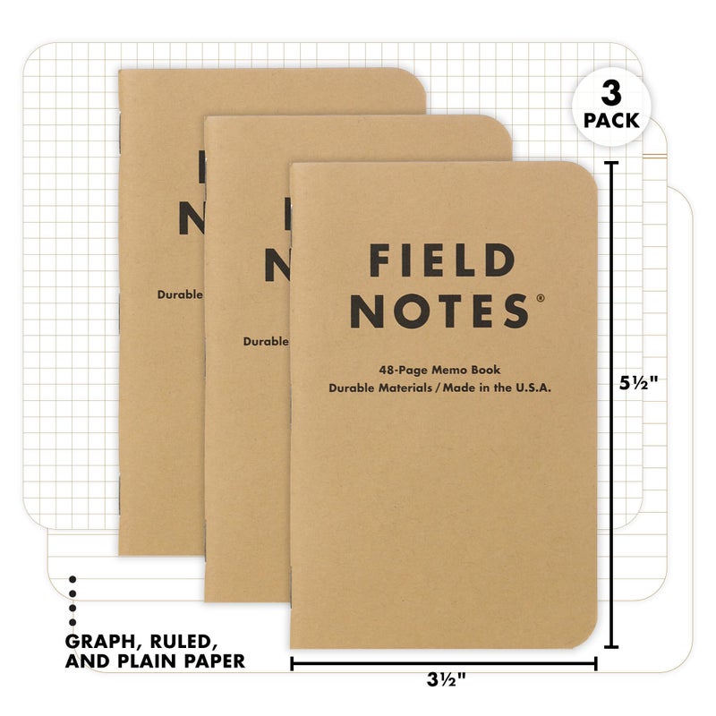 Field Notes: Original Kraft 3-Pack - Mixed Paper (1 Graph/Grid, 1 Ruled/Lined, 1 Plain/Blank) Memo Books - 48 Page Pocket Notebooks - 3.5" x 5.5" - Image 2