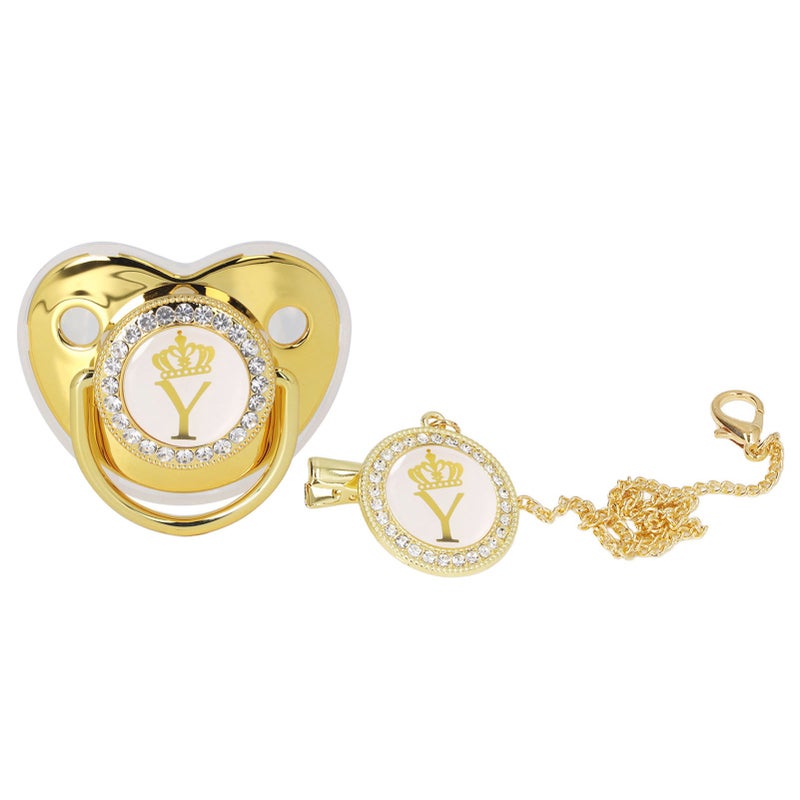 Baby Pacifier Infant Portable Exquisite Golden Crown Letter Rhinestone Pacifier with Chain Clip Letter Y - Image 1