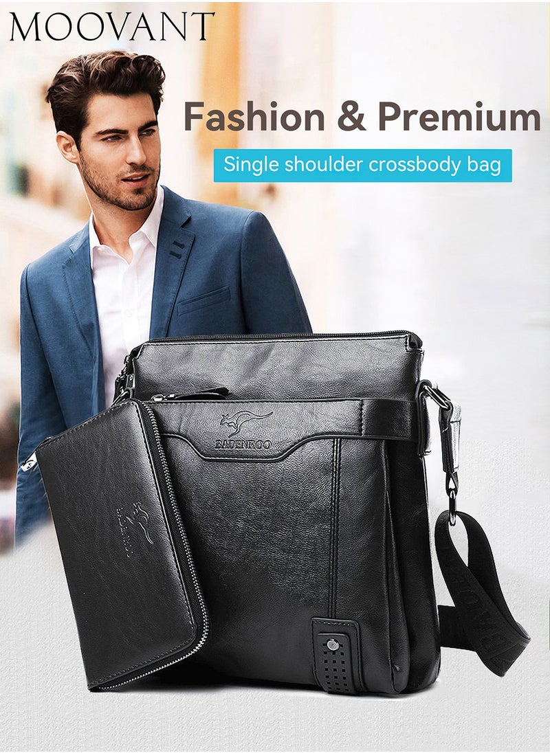 Moovant - 2-Piece Men's Shoulder Bag Set, with Matching Zipper Wallet, Fashion Casual Crossbody Bag, Soft Leather Men's Bag, Black - Image 1
