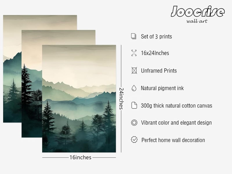 Joocrise Mountain Wall Art Decor Set of 3 Sage Green Forest Canvas Wall Art Prints Nature Landscape Wall Decor Watercolor Pine Tree Pictures Abstract Modern Painting for Living Room Bedroom 16x24 Inch Unframed - Image 2