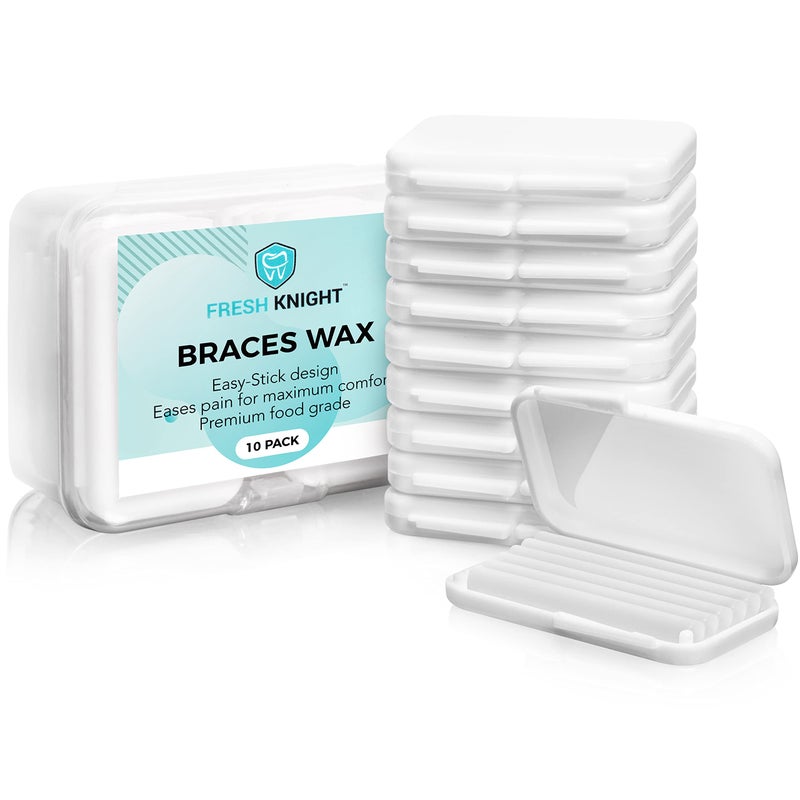 FRESH KNIGHT Braces Wax,10 Pack. Dental Wax for Braces & Aligners, Unscented & Flavorless - 50 Premium Orthodontic Strips. White Cases. Includes storage case. Food Grade ortho brace wax. Fresh Knight. (White) - Image 1