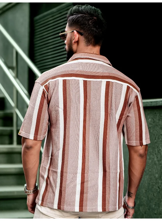 Maniac Mens Roman Stripes 3/4th Sleeve Brown HoneyComb Fabric Shirt