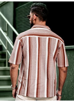 Maniac Mens Roman Stripes 3/4th Sleeve Brown HoneyComb Fabric Shirt  - Image 3