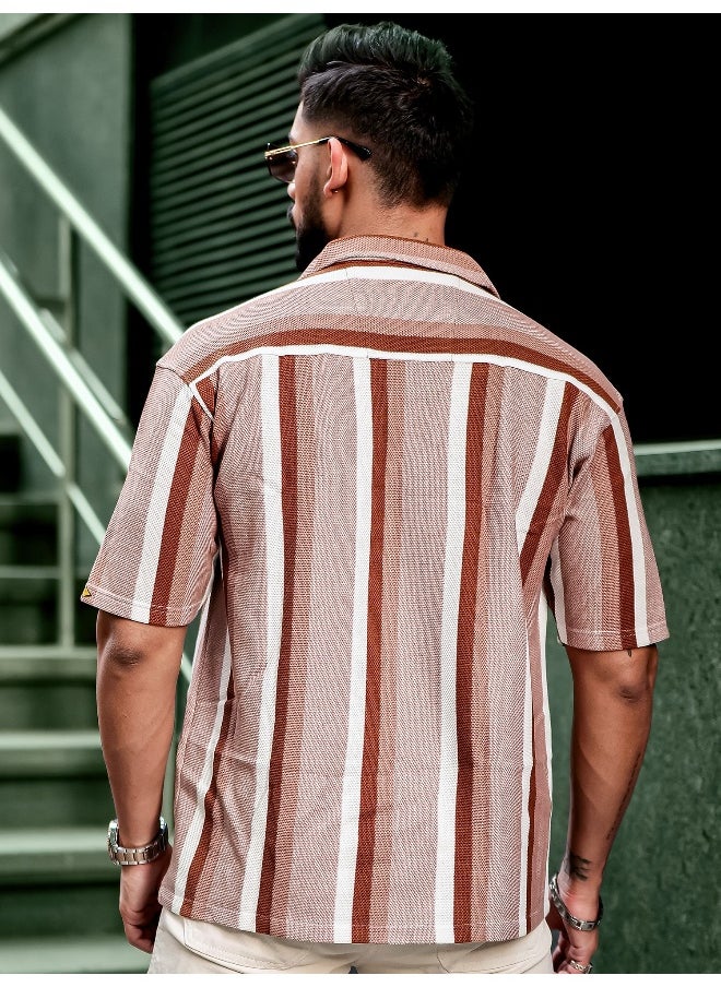 Maniac Mens Roman Stripes 3/4th Sleeve Brown HoneyComb Fabric Shirt  - Image 3