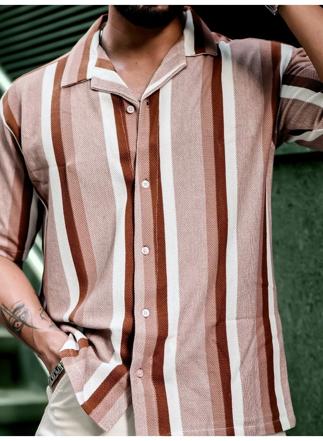 Maniac Mens Roman Stripes 3/4th Sleeve Brown HoneyComb Fabric Shirt
