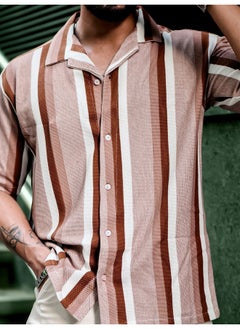 Maniac Mens Roman Stripes 3/4th Sleeve Brown HoneyComb Fabric Shirt  - Image 5