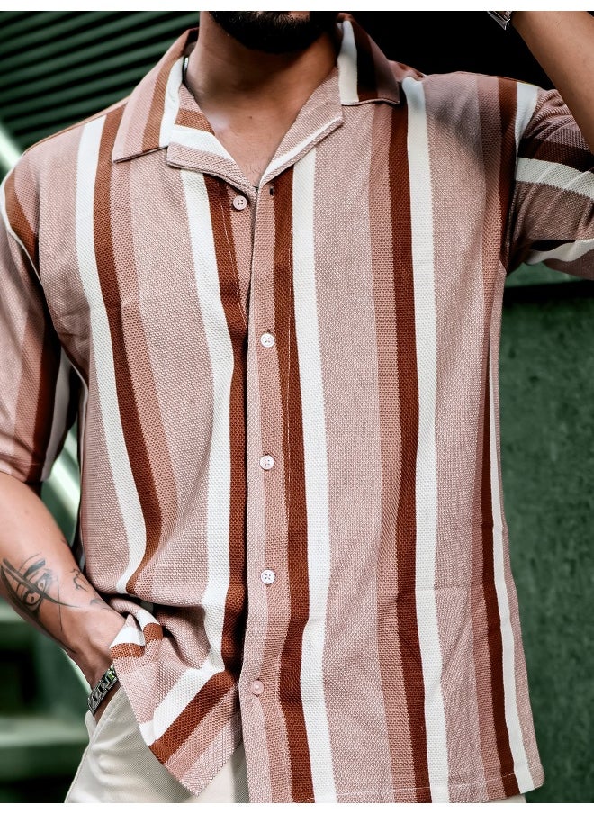 Maniac Mens Roman Stripes 3/4th Sleeve Brown HoneyComb Fabric Shirt  - Image 5
