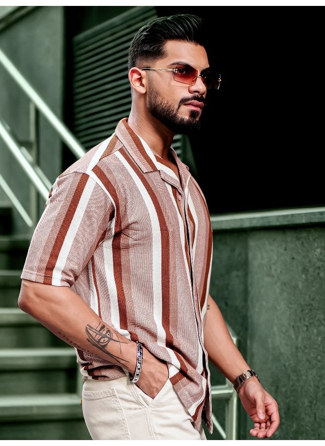 Maniac Mens Roman Stripes 3/4th Sleeve Brown HoneyComb Fabric Shirt  - Image 2