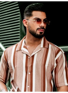 Maniac Mens Roman Stripes 3/4th Sleeve Brown HoneyComb Fabric Shirt  - Image 1