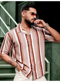 Maniac Mens Roman Stripes 3/4th Sleeve Brown HoneyComb Fabric Shirt  - Image 4