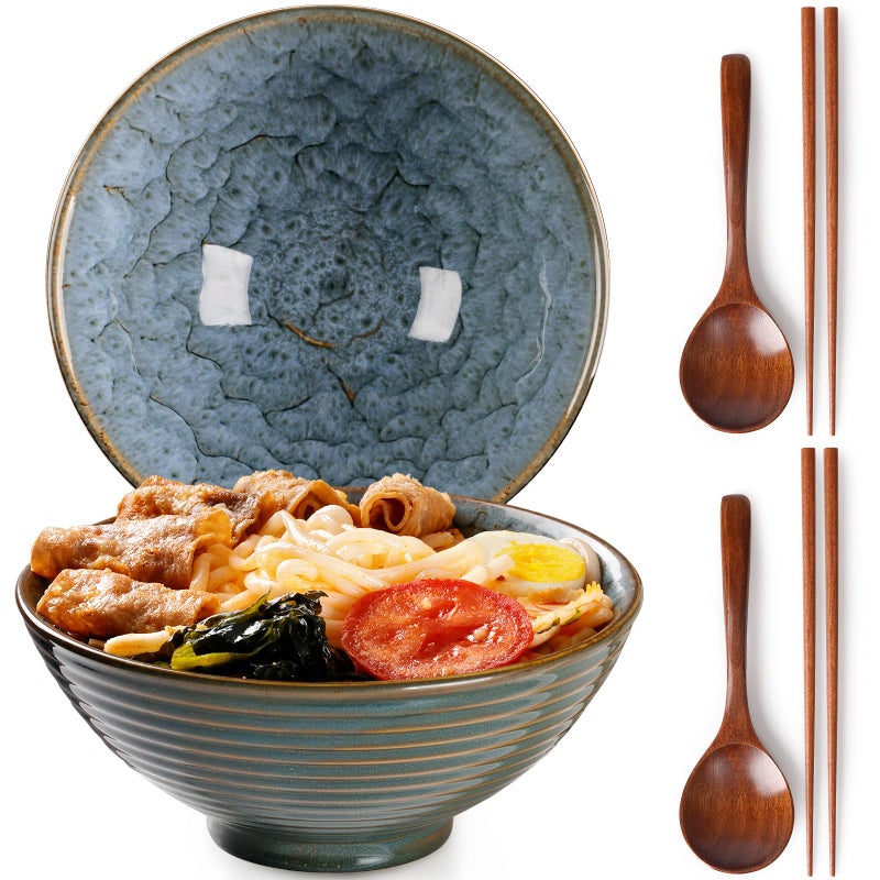 NUTRIUPS 8 Inch Ceramic Ramen Bowl Set of 2 Pho Bowls Japanese Noodle Udon Soup Bowls with Spoons and Chopsticks (Wheat Gold) - Image 1