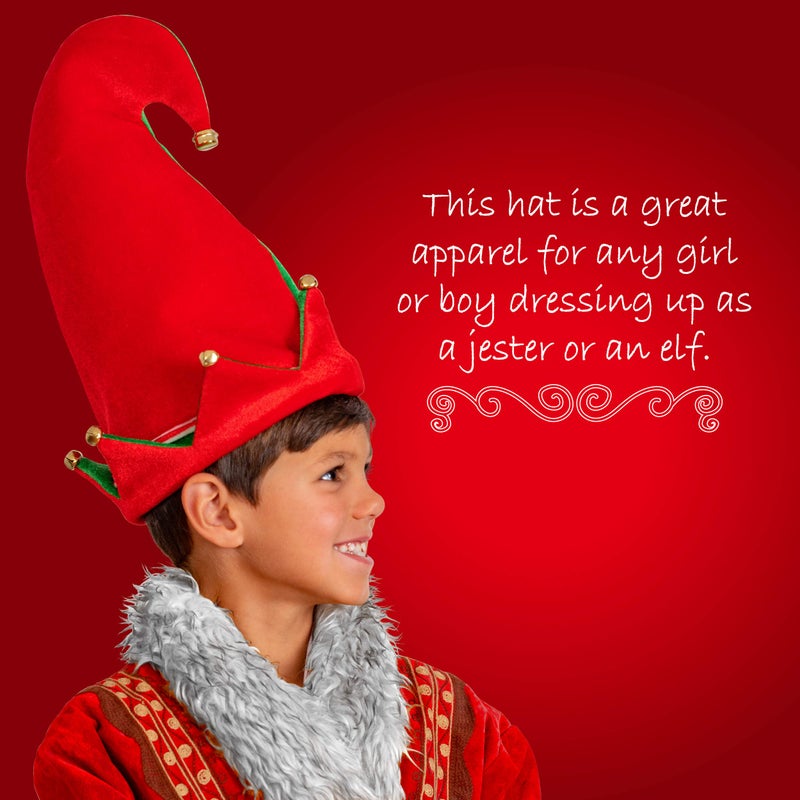 Skeleteen Funny Christmas Elf Hat - Red and Green Jolly Velvet Holiday Elven Novelty Costume Hats with Jingle Bell Designs for Kids - Image 2