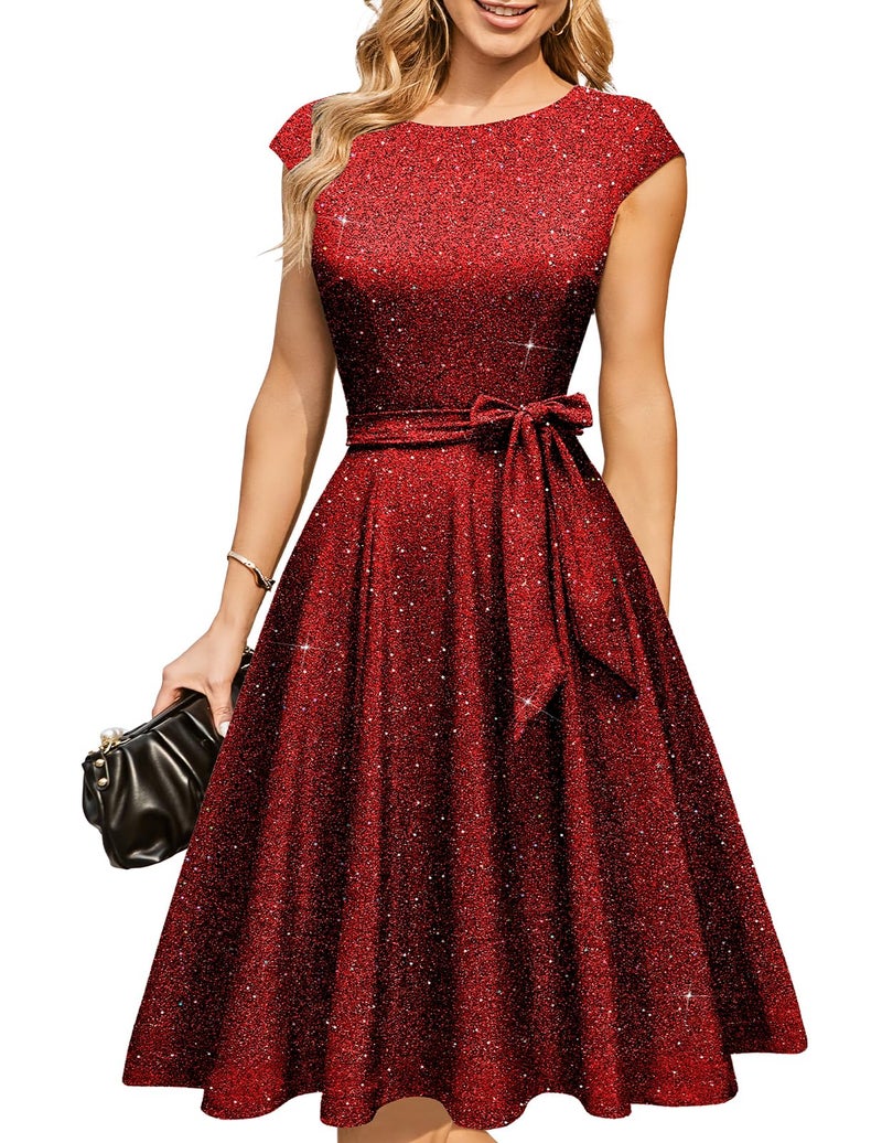 DRESSTELLS Red Dresses for Women Valentine Date Night Cocktail Party Formal Wedding Guest Sequin Sparkly Prom Gala Evening Gown Glitter Burgundy XL - Image 1