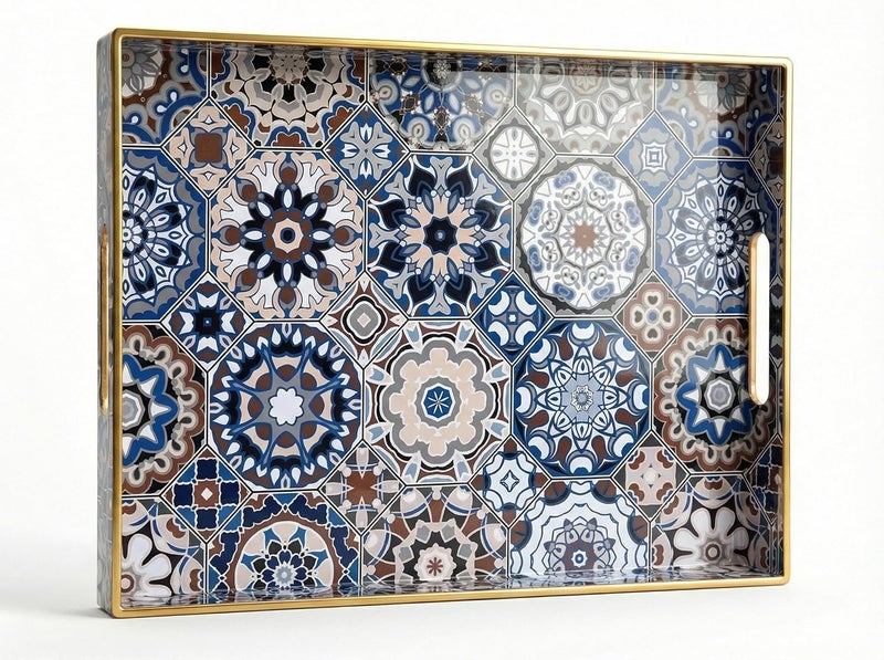 Simmer Stone Rectangular - Plastic Decorative Tray with Handles Modern Vanity Serving For Ottoman, Coffee Table, Kitchen And Bathroom 15.7 x 11.8 Inch (Blue Bohemian) - Image 1