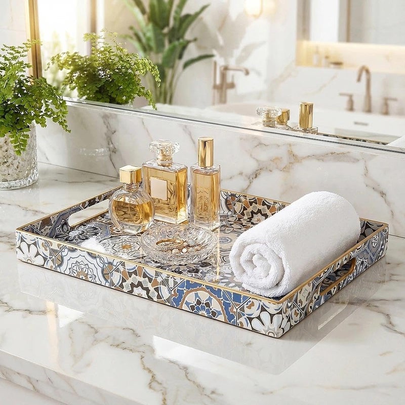 Simmer Stone Rectangular - Plastic Decorative Tray with Handles Modern Vanity Serving For Ottoman, Coffee Table, Kitchen And Bathroom 15.7 x 11.8 Inch (Blue Bohemian) - Image 2