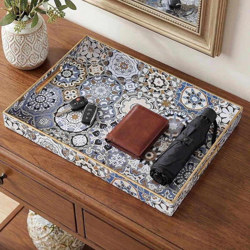 Simmer Stone Rectangular - Plastic Decorative Tray with Handles Modern Vanity Serving For Ottoman, Coffee Table, Kitchen And Bathroom 15.7 x 11.8 Inch (Blue Bohemian) - Image 5