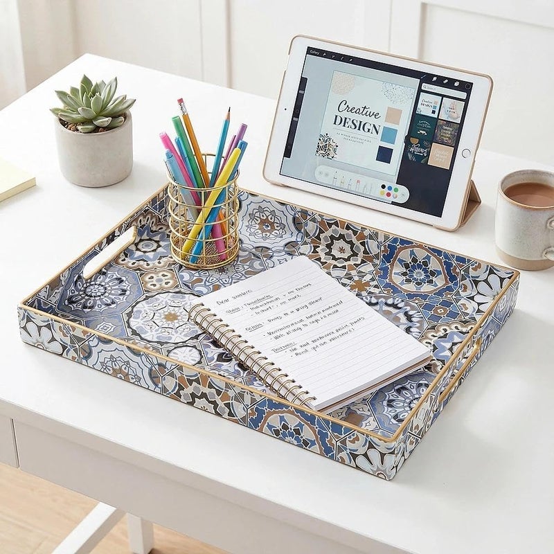 Simmer Stone Rectangular - Plastic Decorative Tray with Handles Modern Vanity Serving For Ottoman, Coffee Table, Kitchen And Bathroom 15.7 x 11.8 Inch (Blue Bohemian) - Image 4