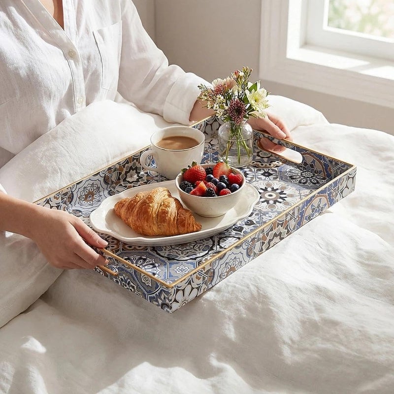 Simmer Stone Rectangular - Plastic Decorative Tray with Handles Modern Vanity Serving For Ottoman, Coffee Table, Kitchen And Bathroom 15.7 x 11.8 Inch (Blue Bohemian) - Image 3