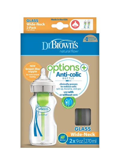 Dr. Brown’s Glass Wide Neck Options And Bottle, 9 oz/270 ml, Pack of 2