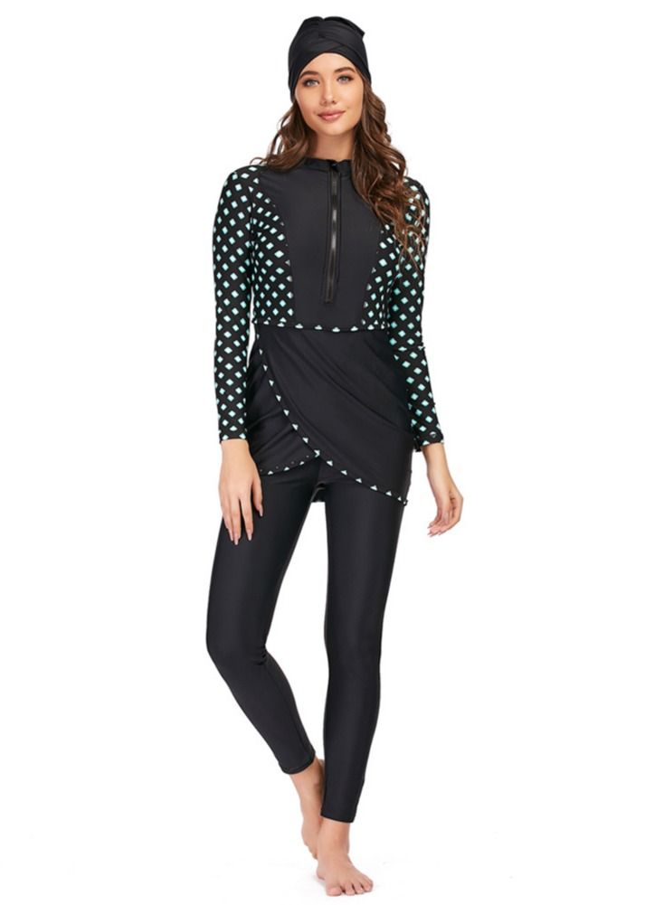 Loquat Swimsuit 3-piece Long Sleeved Trousers Hat Green Grid - Image 1