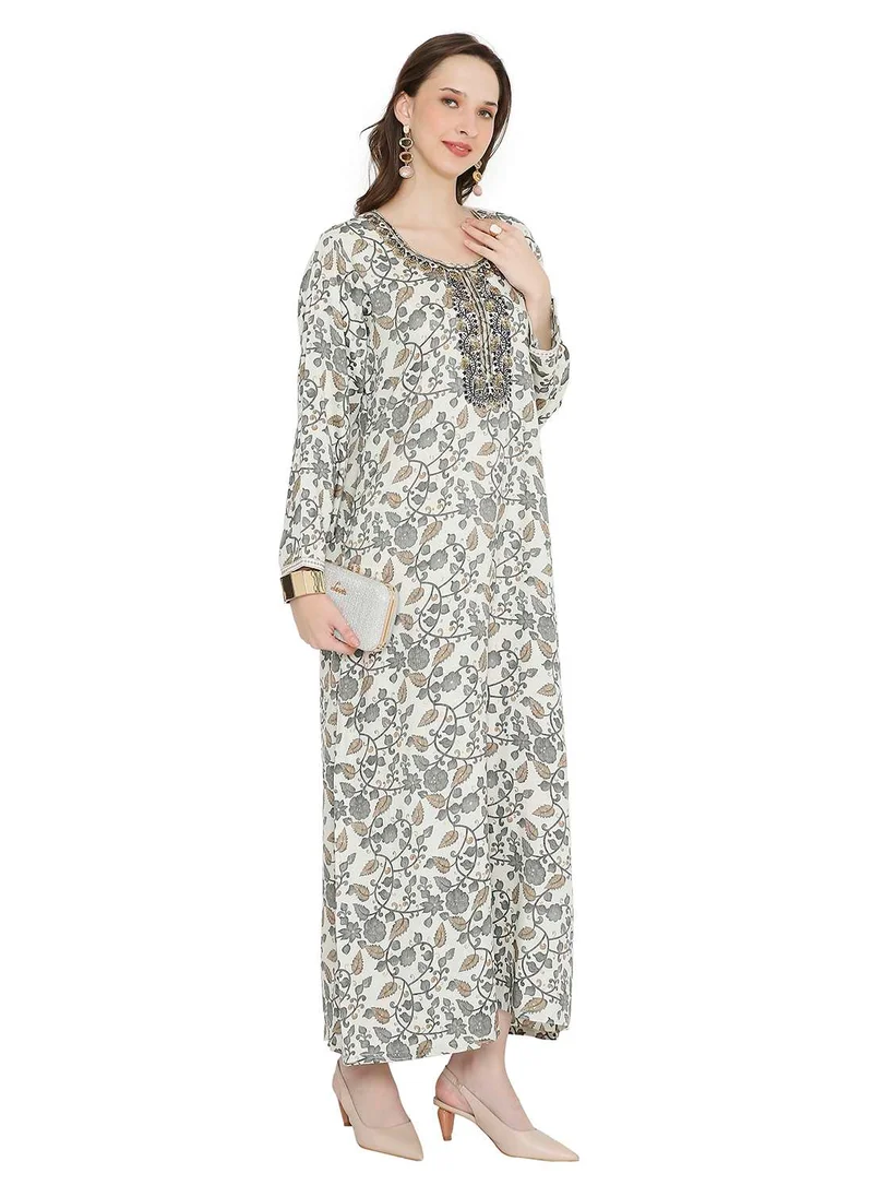 HANA & SARA MULTICOLOUR ELEGANT FLORAL PRINTED FARASHA JALABIYA WITH UNIQUE THREAD EMBROIDERY
