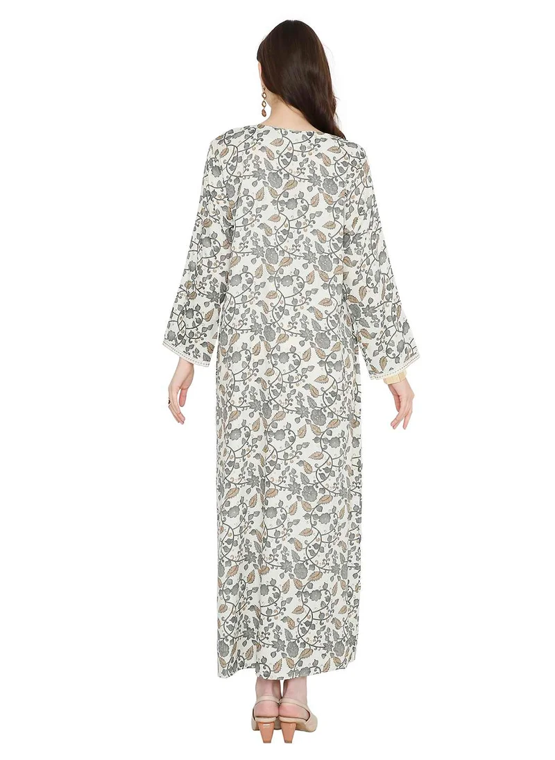 HANA & SARA MULTICOLOUR ELEGANT FLORAL PRINTED FARASHA JALABIYA WITH UNIQUE THREAD EMBROIDERY