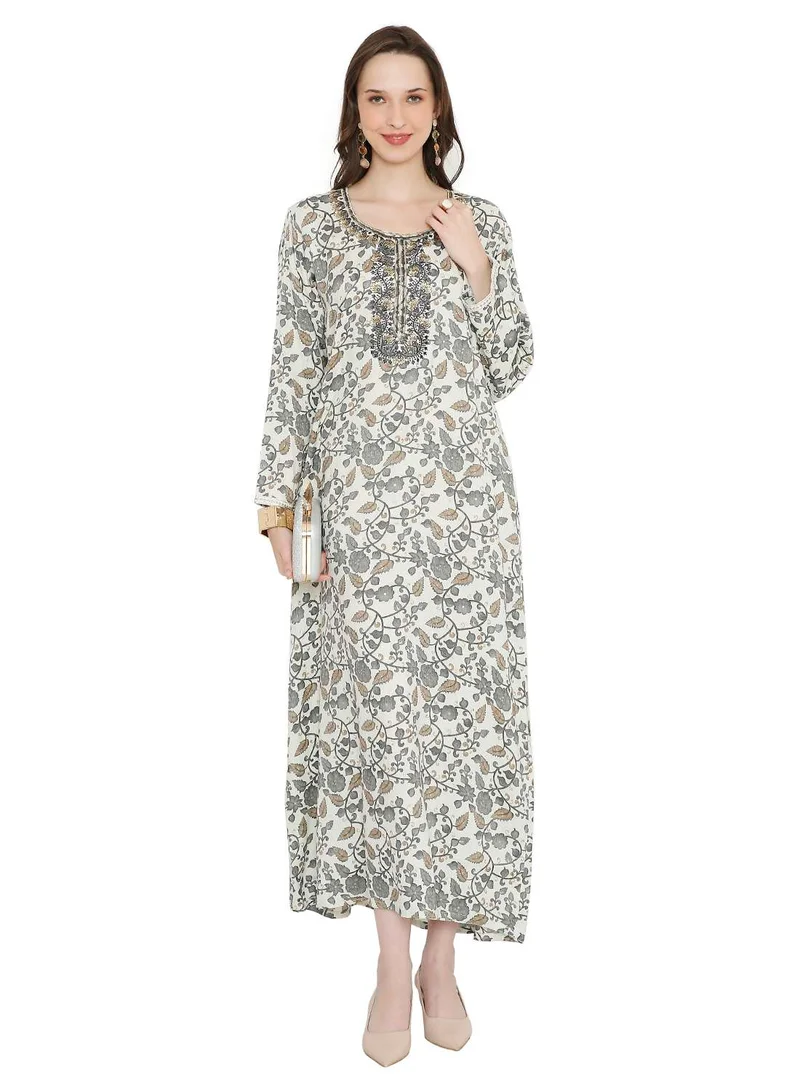 HANA & SARA MULTICOLOUR ELEGANT FLORAL PRINTED FARASHA JALABIYA WITH UNIQUE THREAD EMBROIDERY