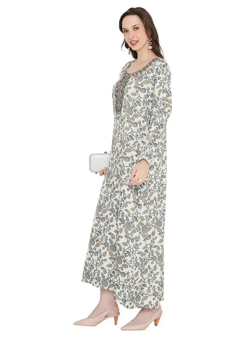 HANA & SARA MULTICOLOUR ELEGANT FLORAL PRINTED FARASHA JALABIYA WITH UNIQUE THREAD EMBROIDERY