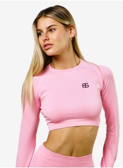 Bernessi Nylon Long Sleeve Crop Top with Round Neck Women's Cropped T Shirt for Workout Yoga Running Exercise Pink Solid Color  - Image 1